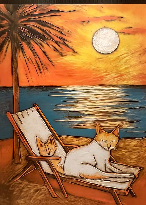 Cats in Paradise — living room metal wall art