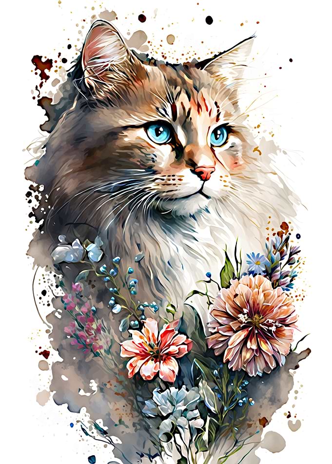 floral cat watercolor