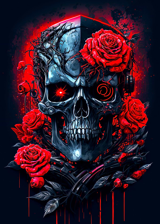 Robot skull with rose