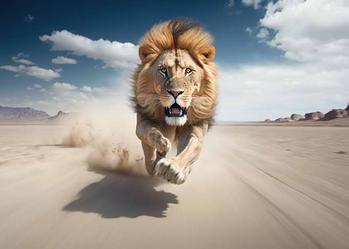 Lion running on camera