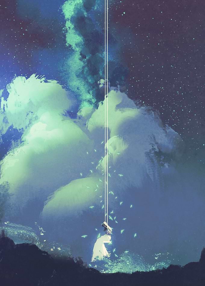 Woman under night sky