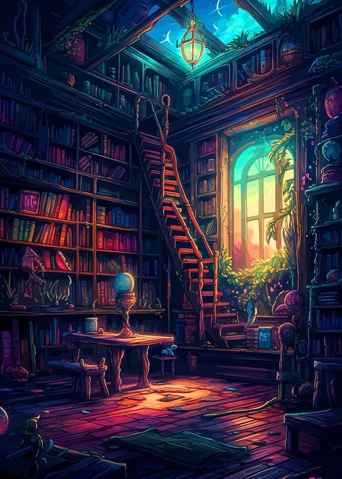 A library with a staircase