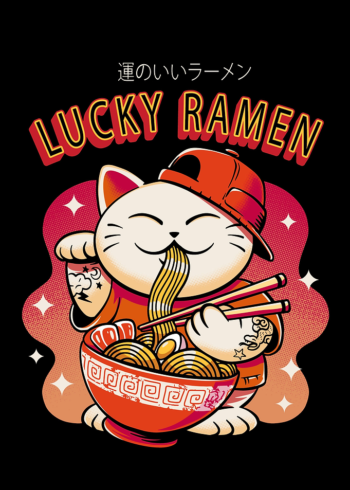 Lucky cat eating ramen