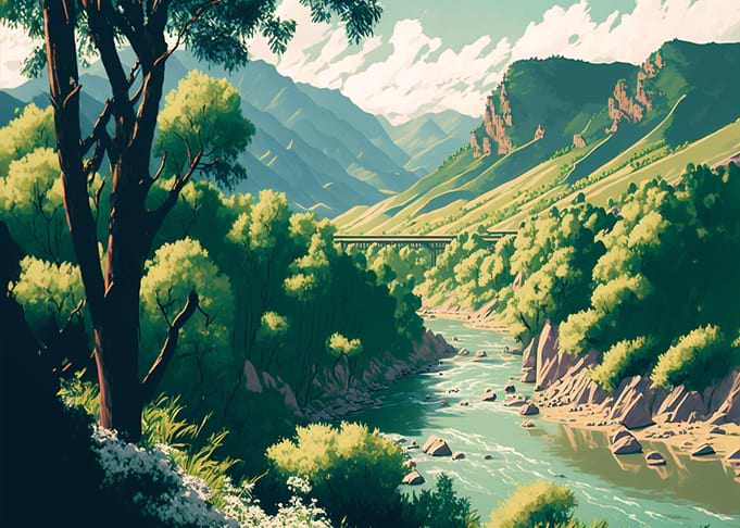 Forest at Lake by Mountain