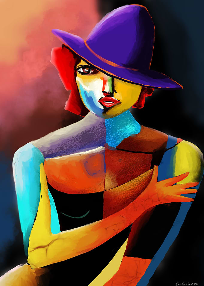 A woman with a violet hat