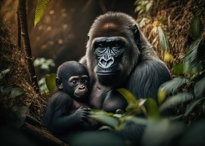 Gorilla leopard with cub