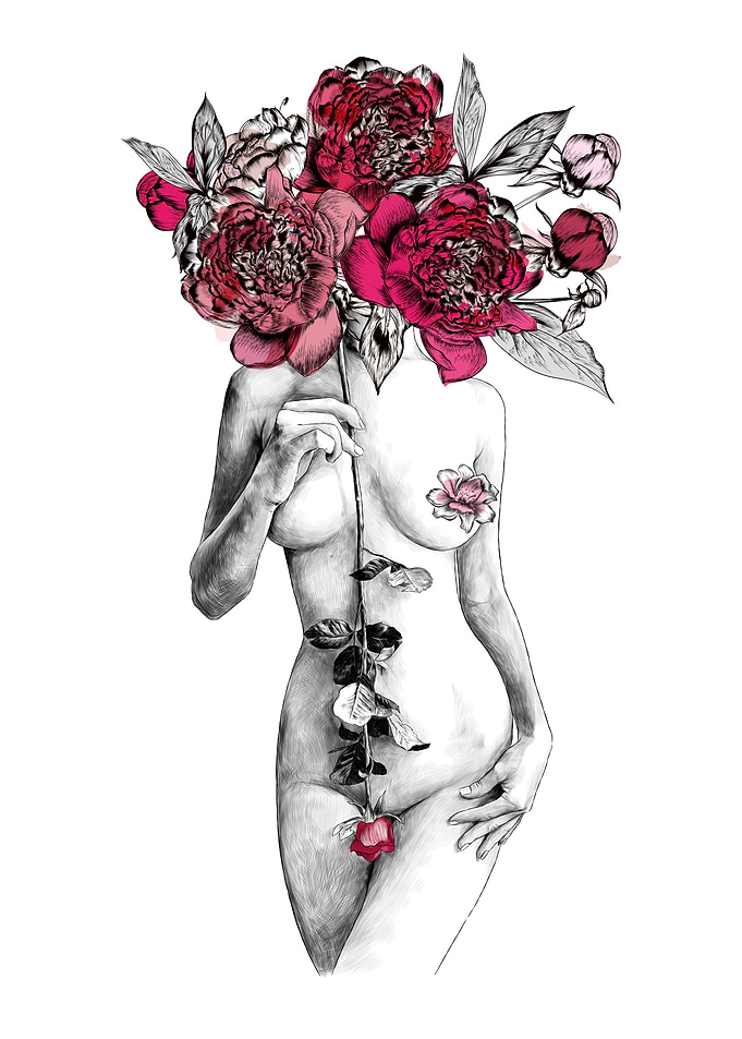 Line Art Girl Flowers Rose
