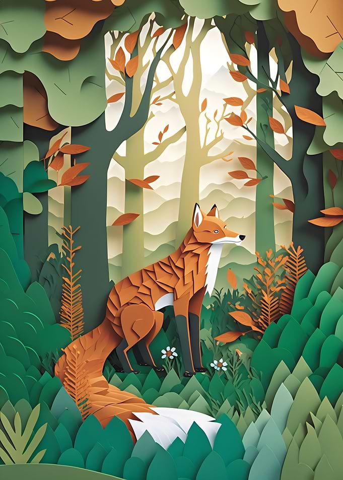 Paper fox in forest