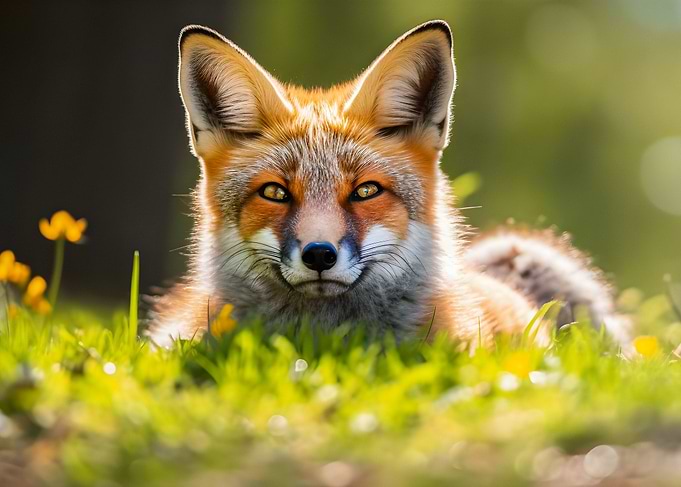Fox lying in a meadow