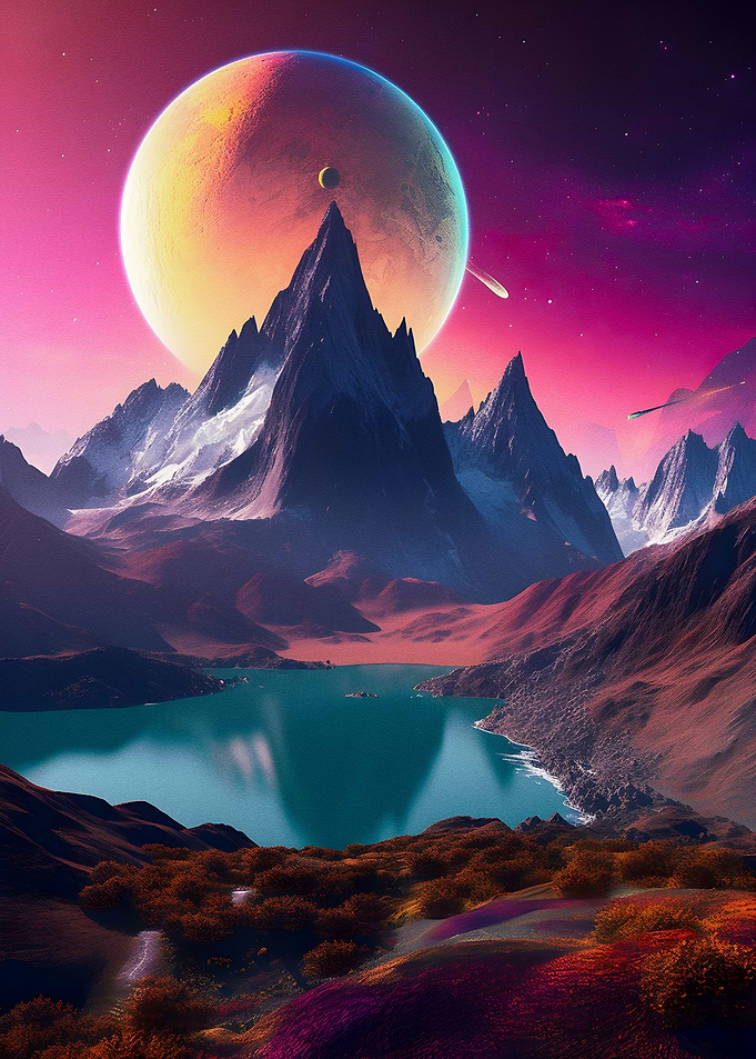Lake and mountain in space