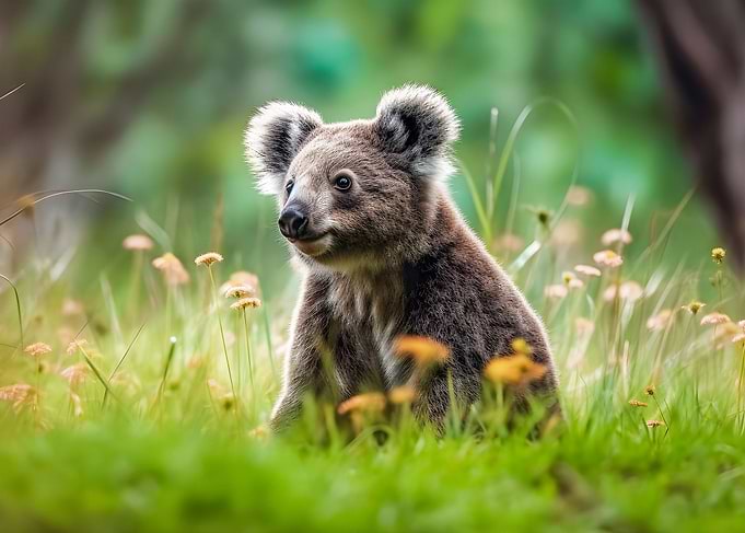 Koala bear between flowers