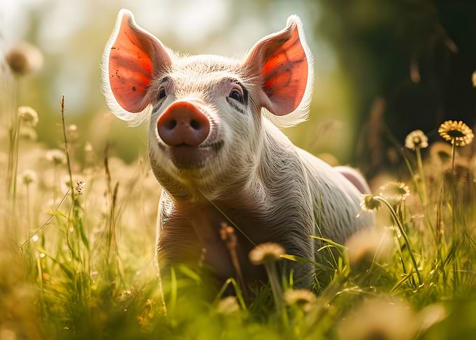 Curious pig in a meadow