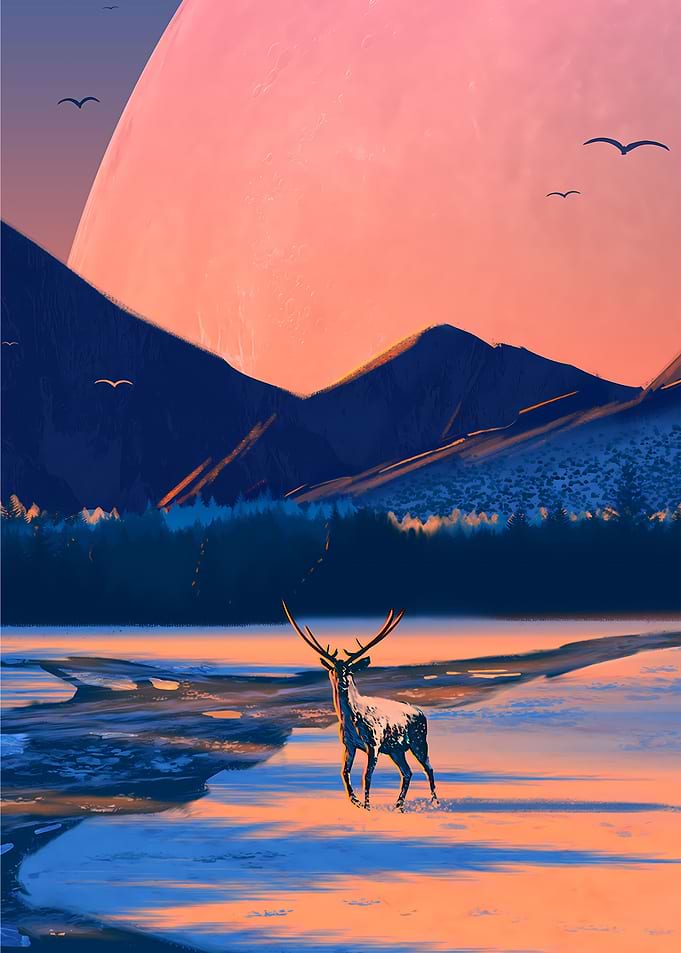 Deer On River Art