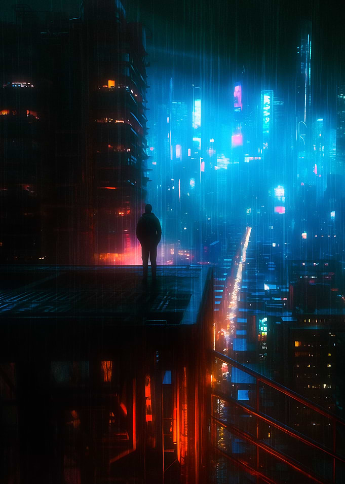 Man Overlooks A Neon City