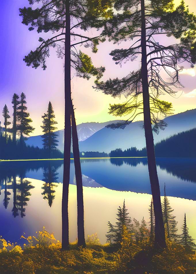 Forest at Lake by Mountain