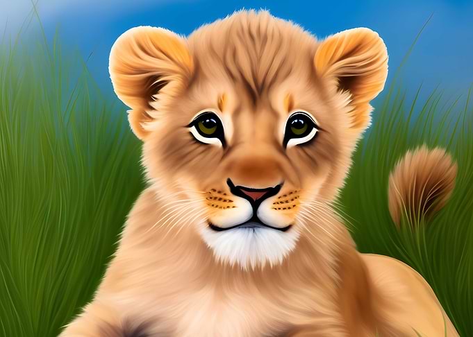 Baby lion laying on green