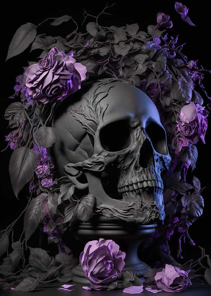 Grey Skull purple roses