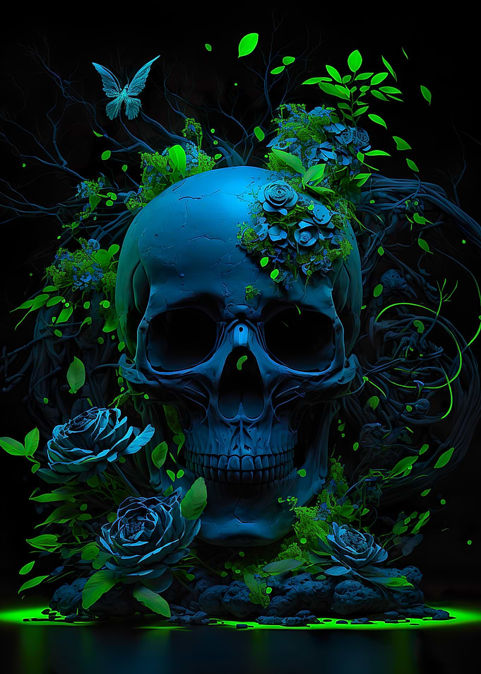 Blue Skull green Flowers