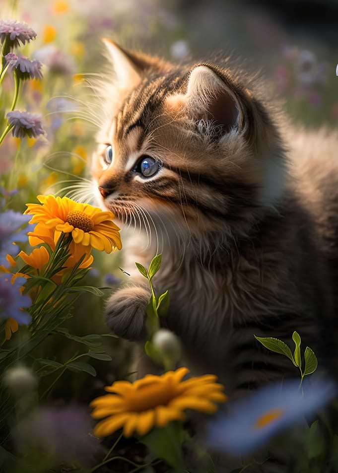 Cat smelling flowers