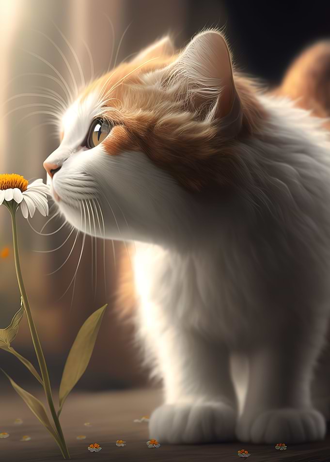 Cat smelling flowers