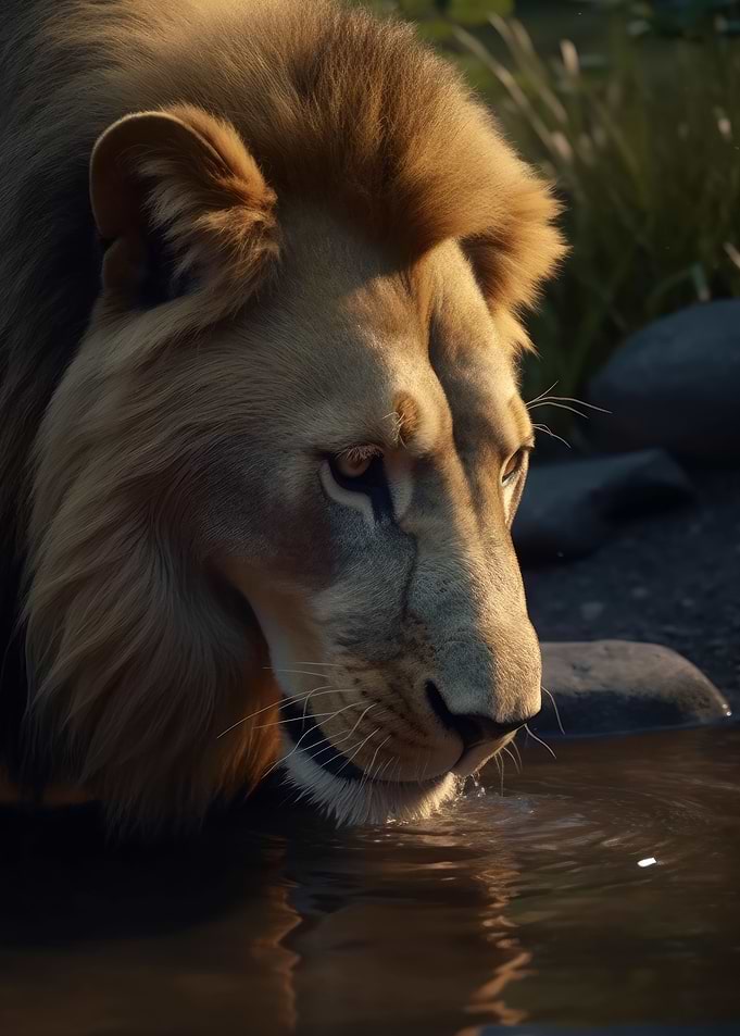 Lion Water Drinking River