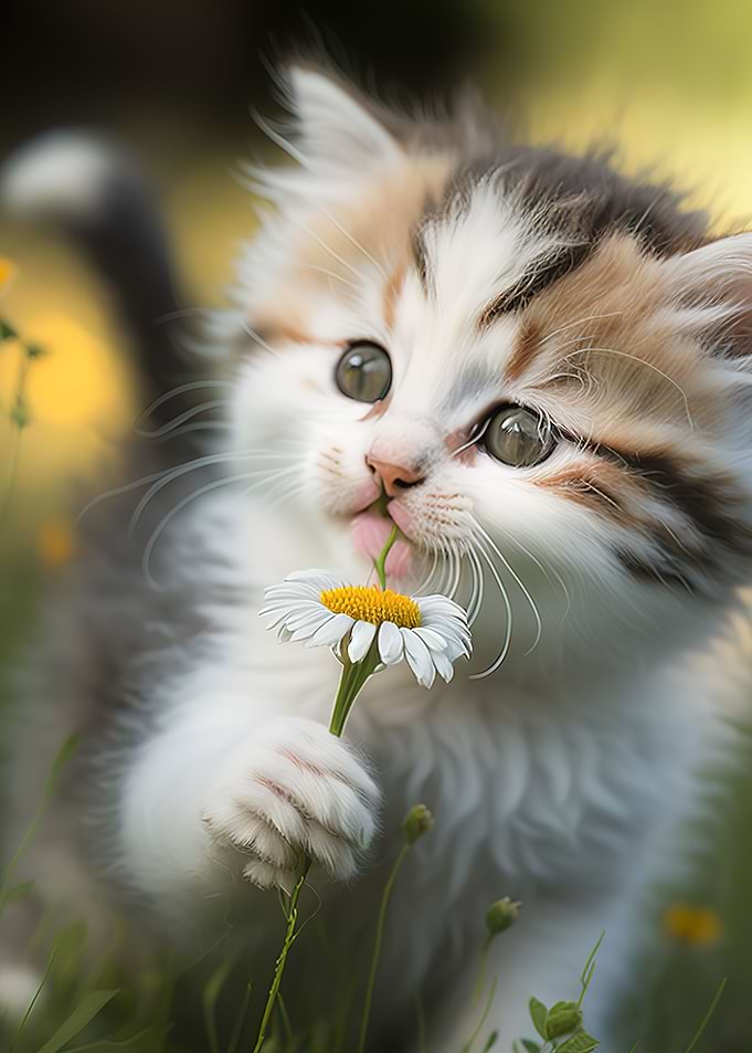 Cat smelling flowers