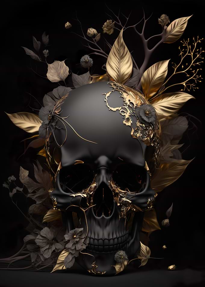Black Skull Golden Flowers