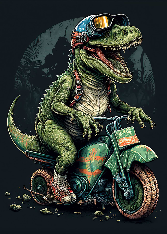trex riding a motorcycle