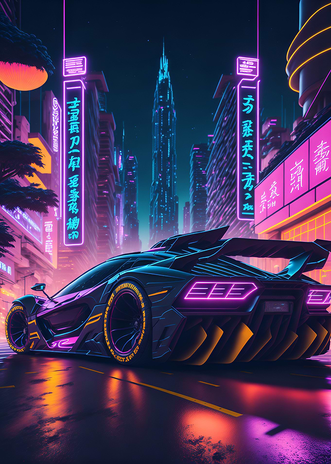 Dark Neon City Sports Car