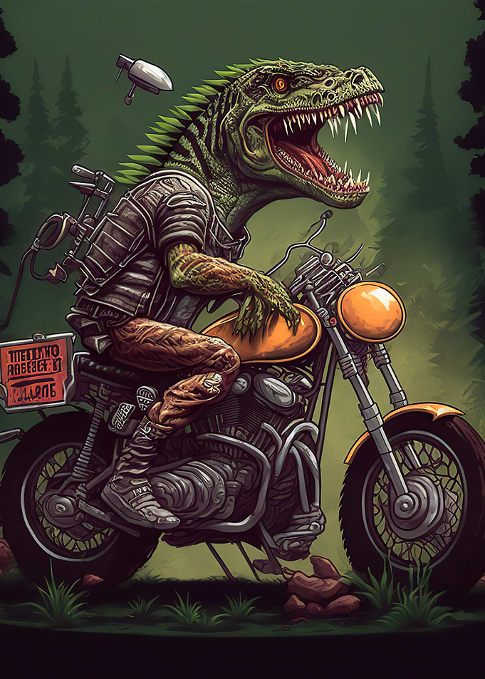 trex riding a motorcycle