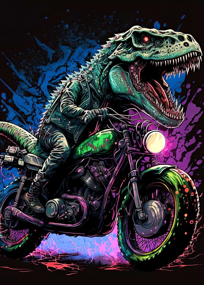 trex riding a motorcycle