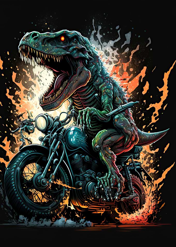 trex riding a motorcycle