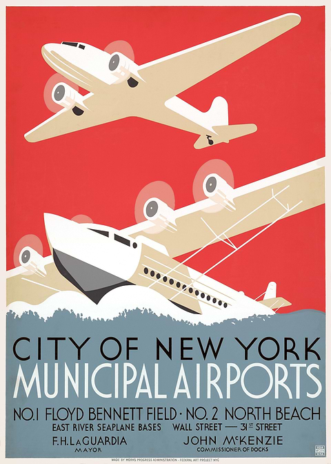 NYC Municipal Airports — vintage travel poster on metal