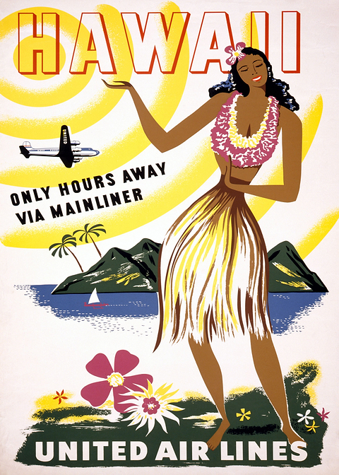 Fly to Hawaii with United — vintage poster restored on metal