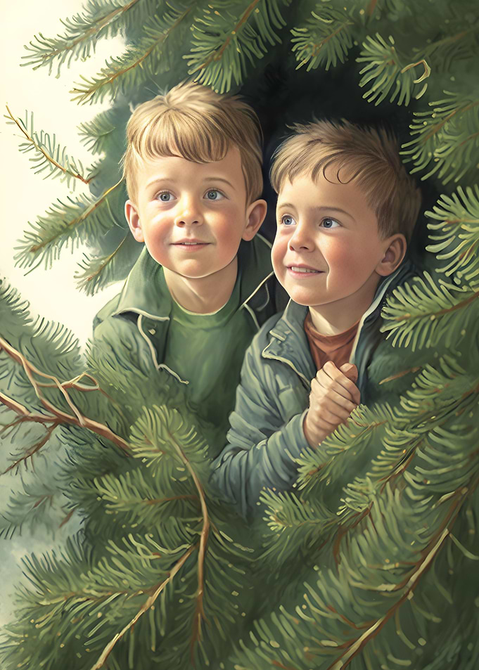 Boys in fir tree