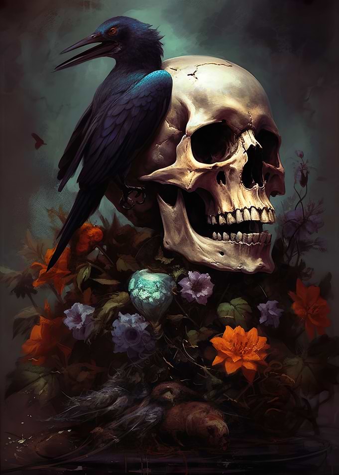 floral raven skull