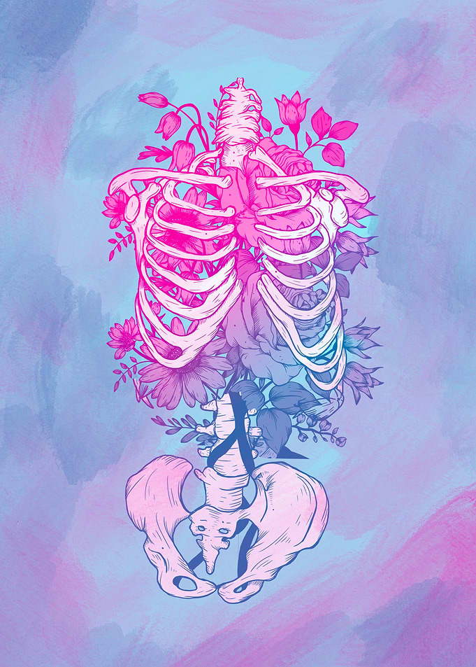Skeleton and flowers