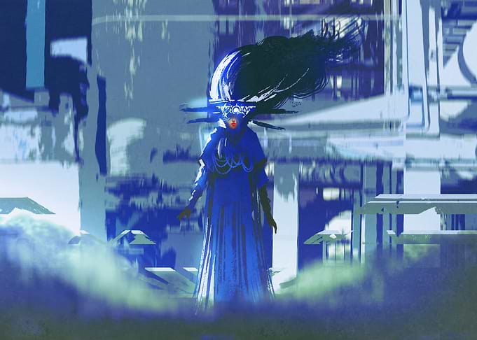 woman futuristic city