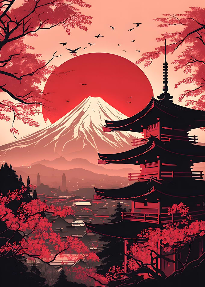 Mount Fuji Red Sun Japan