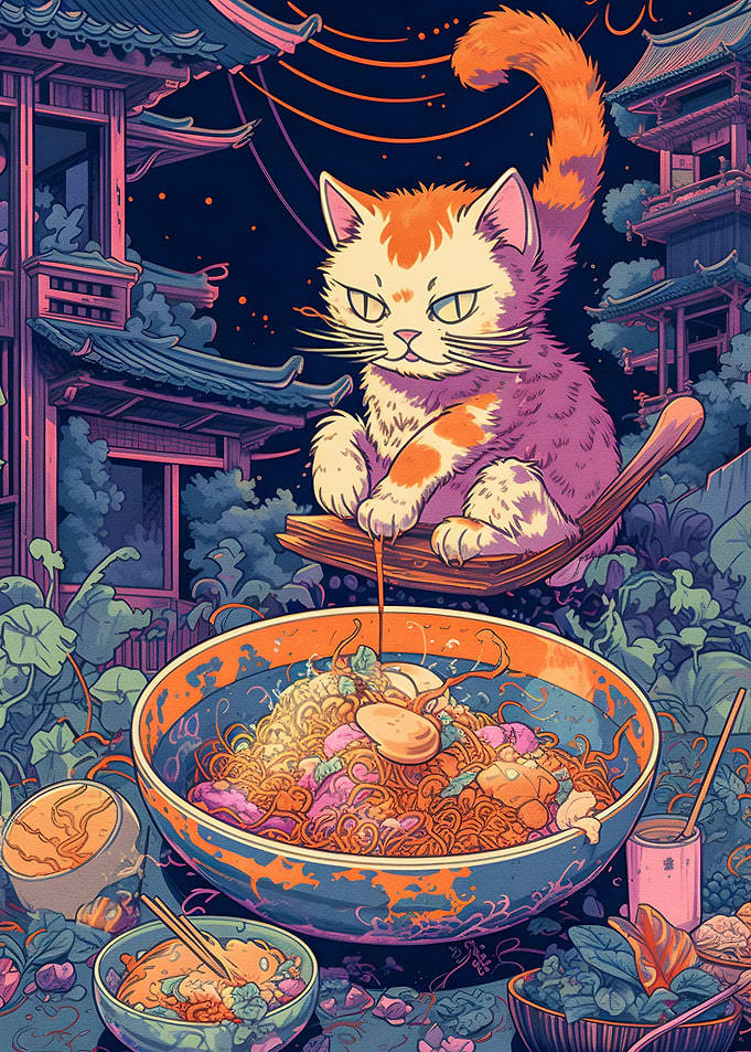 Cute cat eating noodless