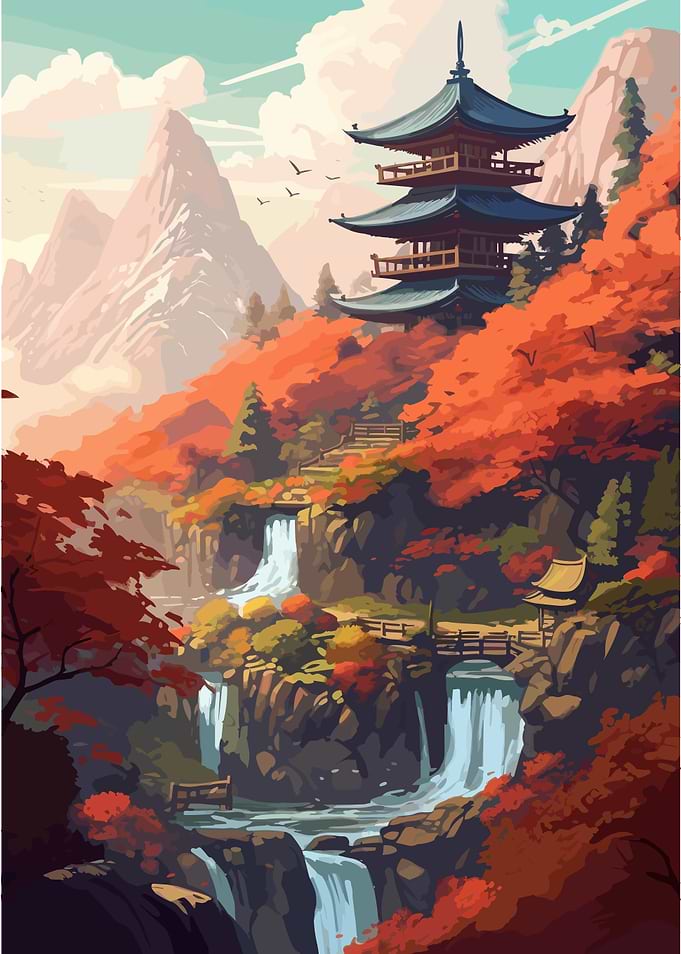 Sacred Temple and Waterfal