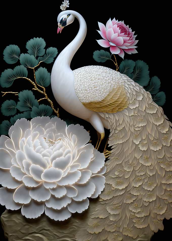 white peacock and peony