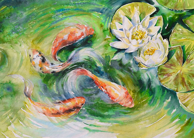 Watercolor Pond koi fishes