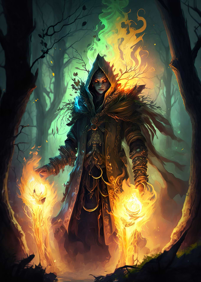 fire mage in a forest