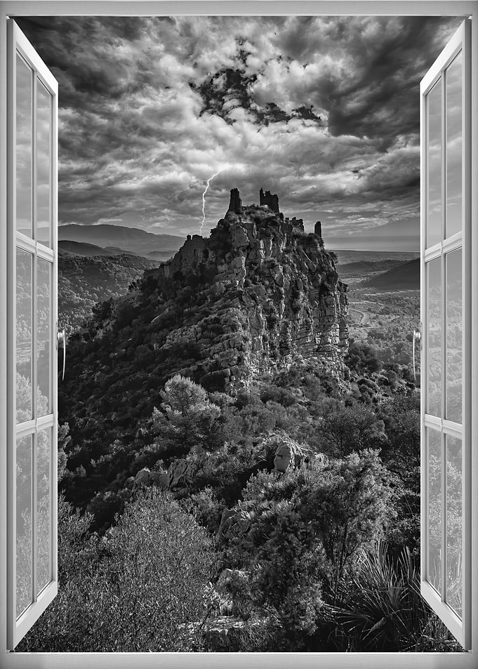 Window view castle storm