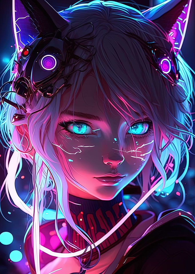 Cat Girl Blue Neon Anime