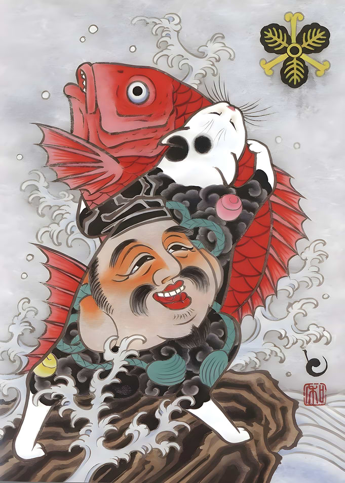 Cat Tattoo With Giant Carp