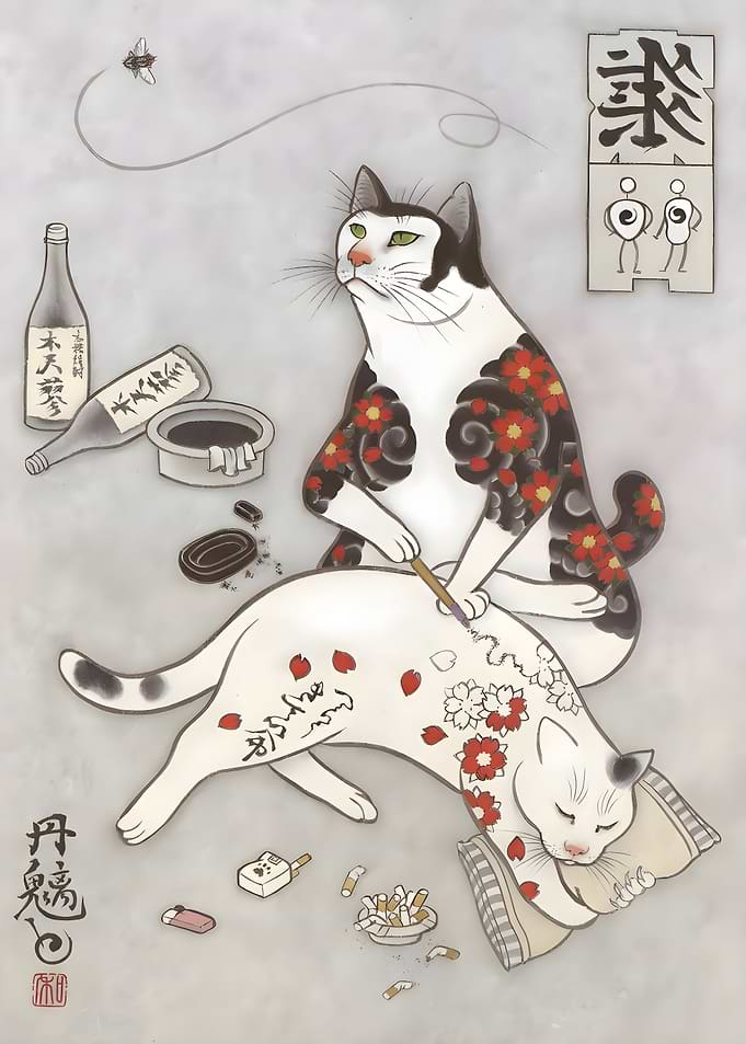 Irezumi Rose Cat Tattoo
