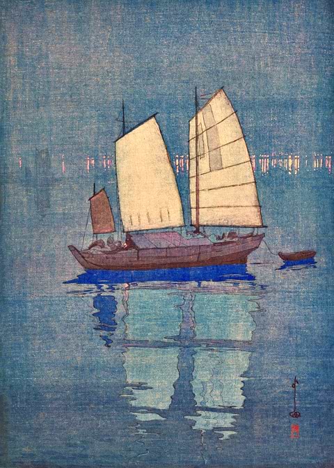 Sail Boats At Night — Japanese art metal poster