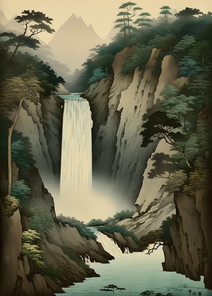 Mountain waterfall Ukiyo e